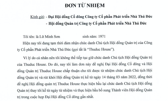 Tân chủ tịch HĐQT Thuduc House từ nhiệm sau hơn một tháng tại vị - Ảnh 1.