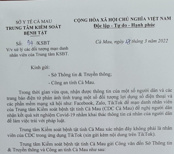 Mạo danh CDC Cà Mau để lấy thông tin cá nhân của người dân - Ảnh 1.