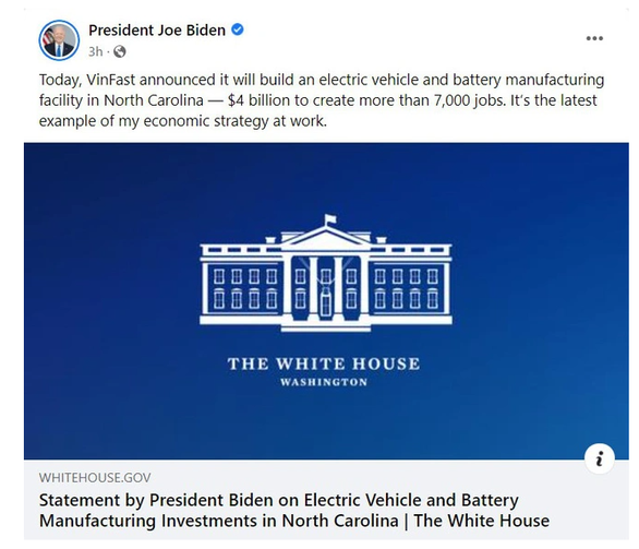 Tổng thống Biden hoan nghênh VinFast xây nhà máy sản xuất ô tô điện ở Mỹ - Ảnh 1.