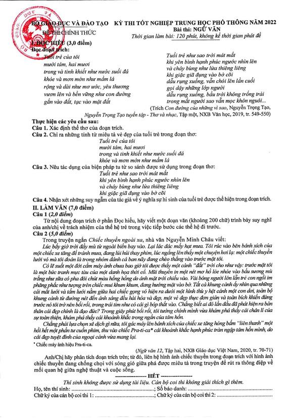Bộ Giáo dục và đào tạo công bố đáp án môn ngữ văn của kỳ thi tốt nghiệp THPT năm 2022 - Ảnh 2.