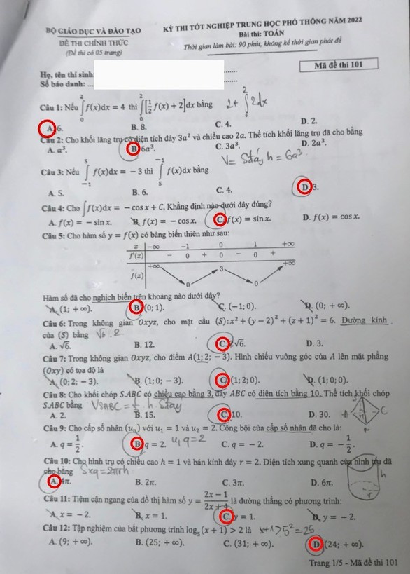 Gợi ý bài giải 24 mã đề môn toán thi tốt nghiệp THPT - Ảnh 1. Gợi ý bài giải 24 mã đề môn toán thi tốt nghiệp THPT - Ảnh 1.