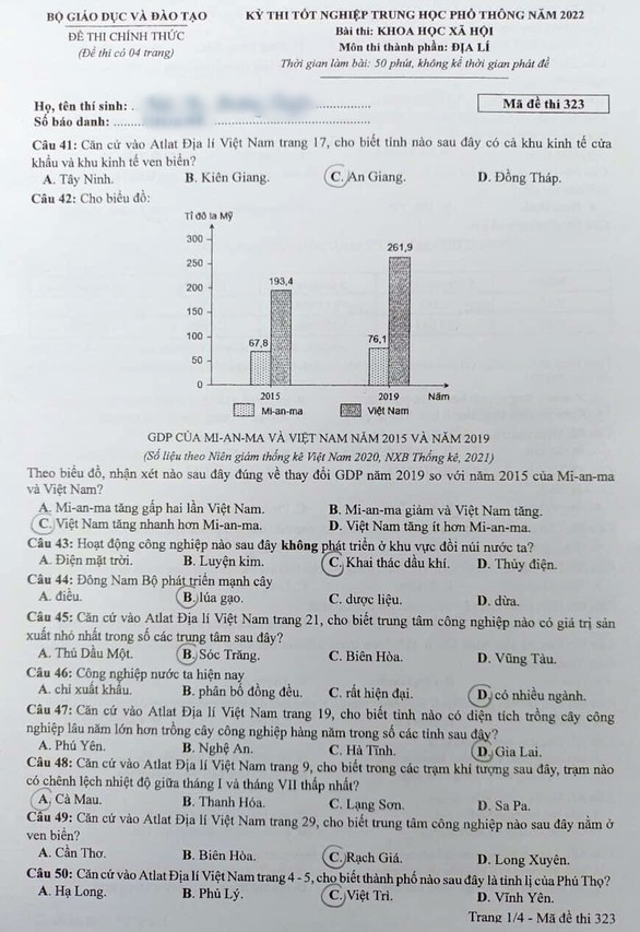 Đề thi địa lý kỳ thi tốt nghiệp THPT 2022 - Ảnh 1. Đề thi địa lý kỳ thi tốt nghiệp THPT 2022 - Ảnh 1.