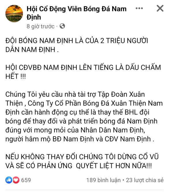Cổ động viên Nam Định kêu gọi thay huấn luyện viên Nguyễn Văn Sỹ, nếu không sẽ bỏ đội bóng - Ảnh 2.