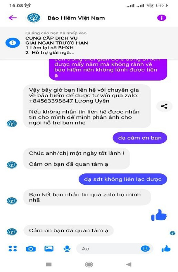 Mạo danh bảo hiểm xã hội để lừa đảo ‘xử lý thủ tục quá hạn’ qua Facebook, Zalo