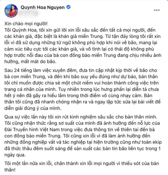 MC Quỳnh Hoa xin lỗi sau phát ngôn ngáo ộp về bão Noru - Ảnh 3. MC Quỳnh Hoa xin lỗi sau phát ngôn ngáo ộp về bão Noru - Ảnh 3.
