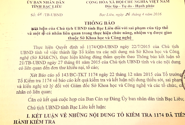 Giám đốc sở làm sai và vượt thẩm quyền chủ tịch tỉnh Bạc Liêu - Ảnh 1.