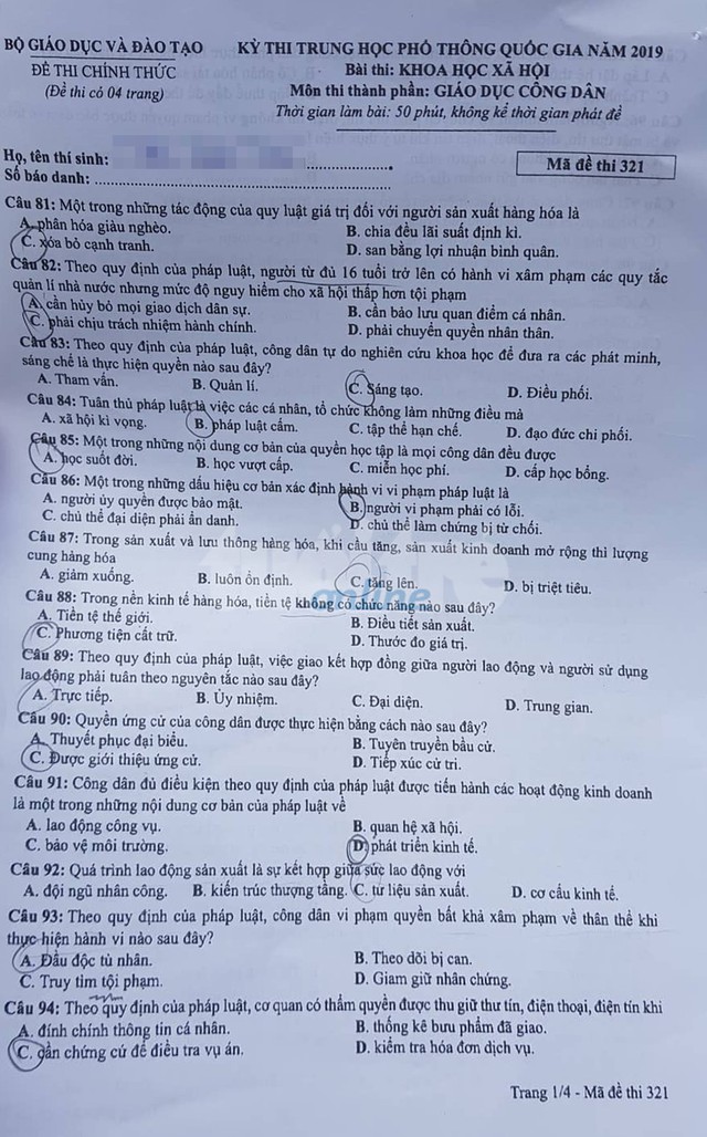 Mời bạn đọc xem đề GDCD THPT quốc gia 2019 - Ảnh 1.
