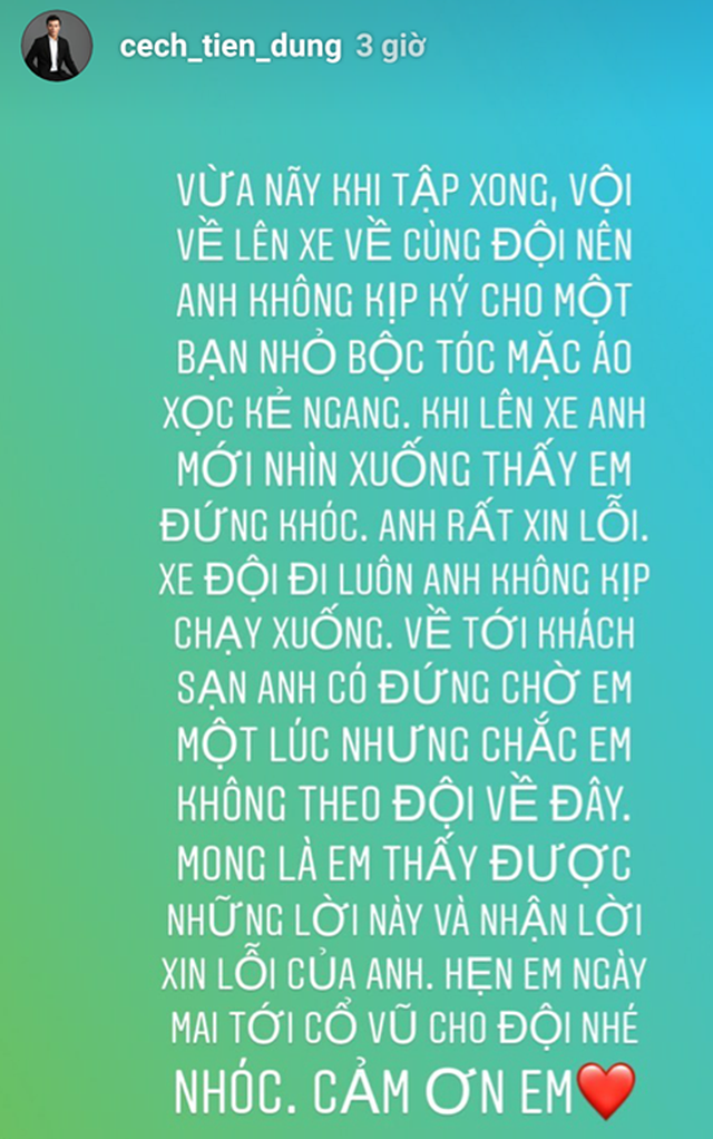 Khiến fan nhí khóc ở Phú Thọ, Bùi Tiến Dũng đăng story xin lỗi - Ảnh 1.