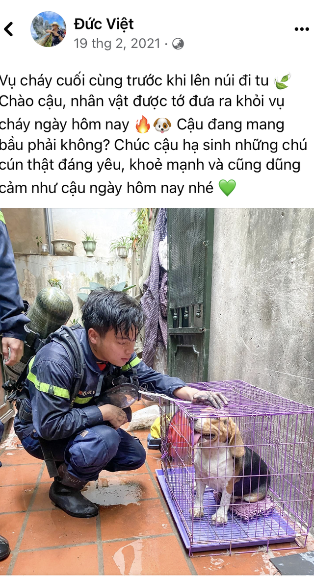 Di ảnh người lính cứu hỏa Đỗ Đức Việt bên chú cún được cứu lay ...