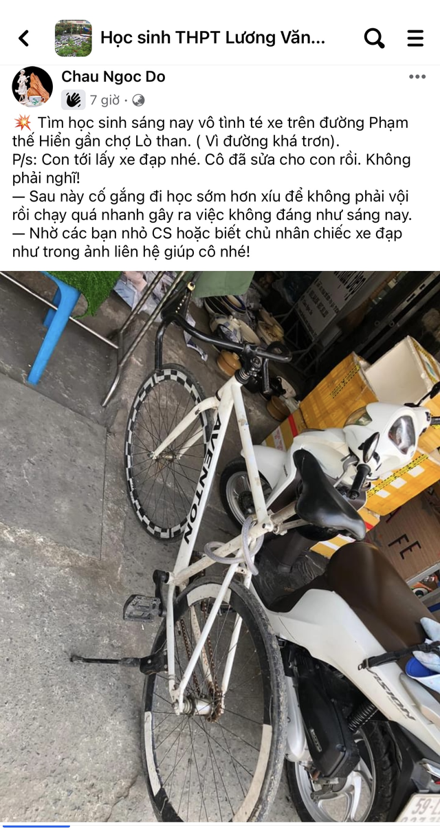 Bài đăng tìm chủ nhân cho chiếc xe đạp của cô Đỗ Châu Ngọc trên nhóm &quot;Học sinh THPT Lương Văn Can&quot; - ẢNH CHỤP MÀN HÌNH