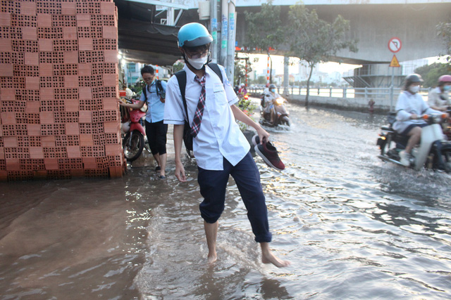 Triều cường dâng cao, học sinh vật vã lội nước về nhà- Ảnh 5.