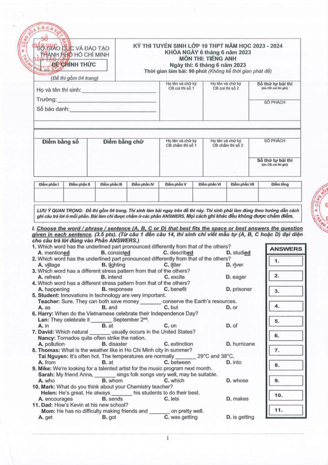 Đề thi và đáp án chính thức Kỳ thi tuyển sinh lớp 10 tại TP.HCM - Ảnh 13.