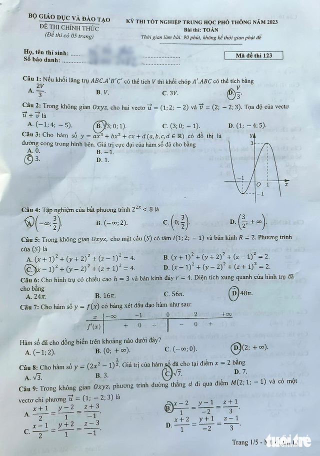 Gợi ý bài giải 24 mã đề môn toán thi tốt nghiệp THPT 2023 - Ảnh 1.