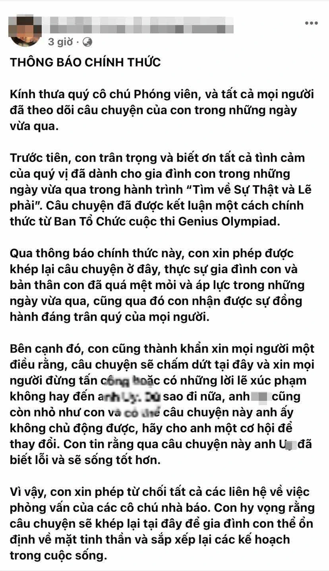 Nữ sinh trong vụ lùm xùm thi Genius Olympiad có thông báo chính thức cuối cùng - Ảnh 1.