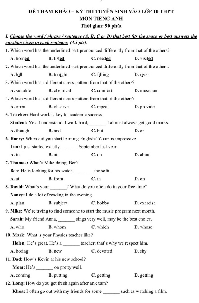 Đáp án gợi ý môn tiếng Anh đề tham khảo tuyển sinh lớp 10 TP.HCM năm 2025- Ảnh 1.