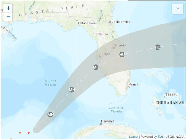 Dự báo hướng di chuyển của siêu bão Milton - Ảnh: USGS, NOAA