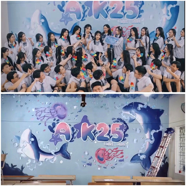 Teen lớp A-K25 Trường THPT Khoái Châu 2 (Hưng Yên) trang trí lớp chụp kỷ yếu - Ảnh: HÀ VY (Thỏ Vamy)