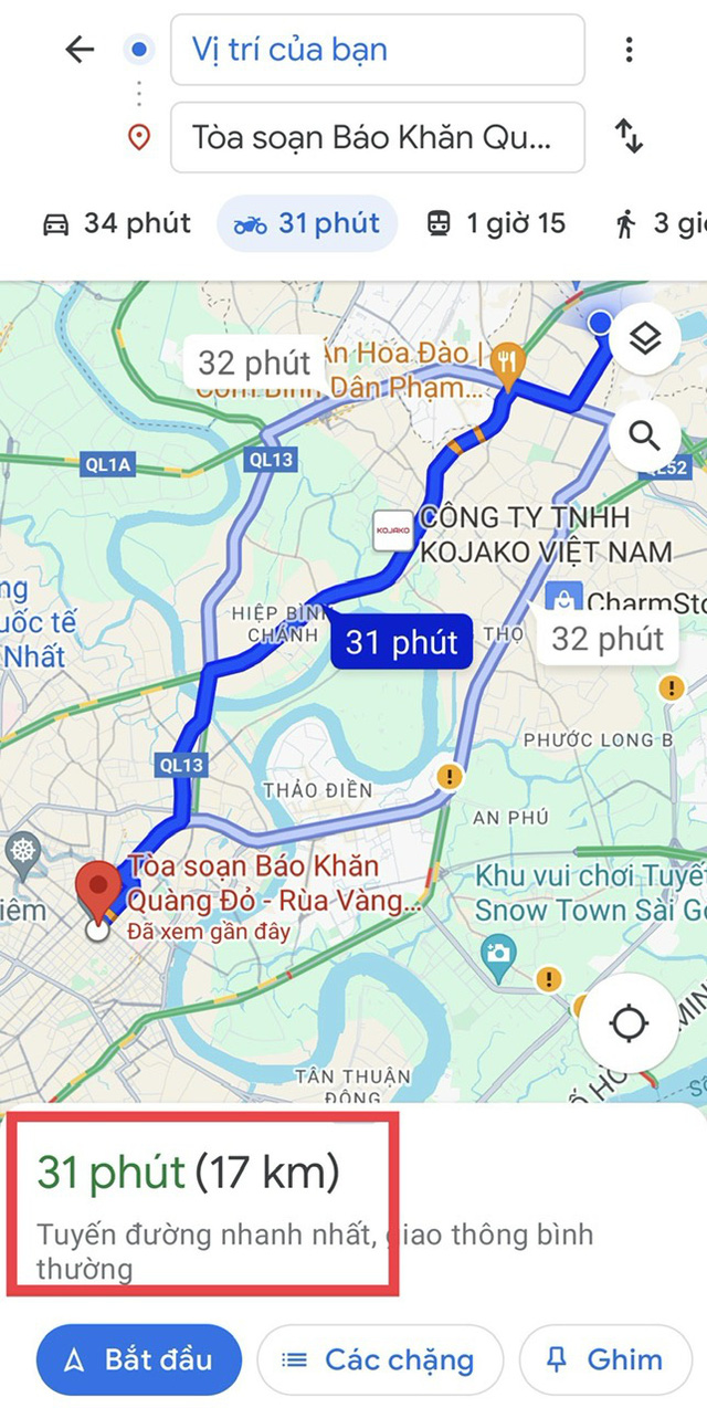 Google Maps giúp đo lường khoảng cách và thời gian di chuyển đến điểm đến của bạn - Ảnh: THÁI THANH