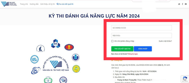 Tiến hành đăng nhập để tra cứu điểm thi đánh giá năng lực trên trang web