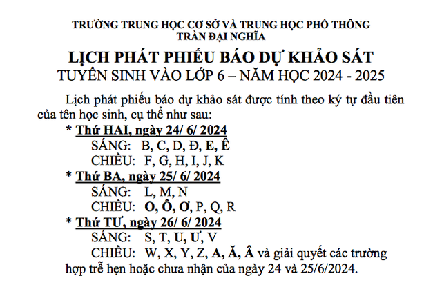 Lịch phát phiếu báo dự khảo sát Trường THCS và THPT Trần Đại Nghĩa - Ảnh; CHỤP MÀN HÌNH