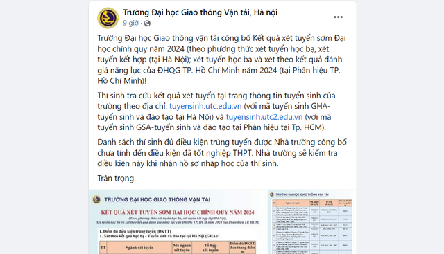 Trường đại học Giao thông Vận tải công bố kết quả xét tuyển sớm 2024- Ảnh 1.