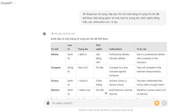 ChatGPT giúp bạn lập bảng từ vựng chỉ trong 30 giây - Ảnh: CHỤP MÀN HÌNH