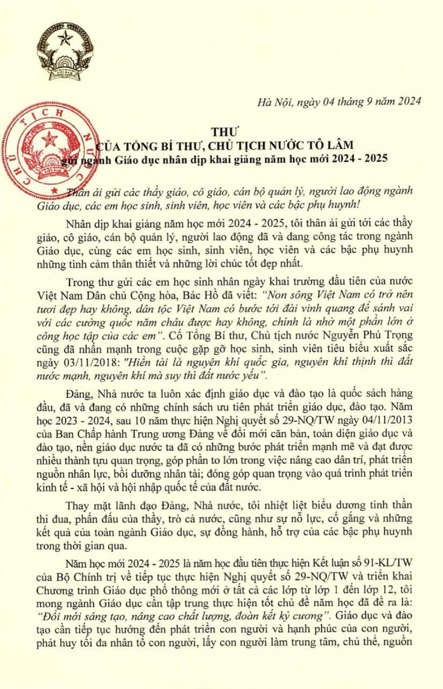 Thư của Tổng Bí thư, Chủ tịch nước Tô Lâm gửi ngành giáo dục nhân dịp năm học mới 2024-2025- Ảnh 2.