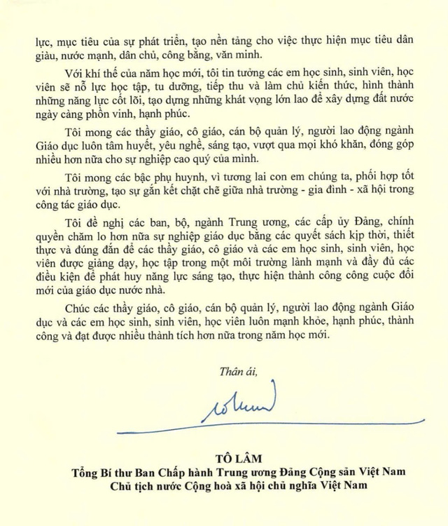 Thư của Tổng Bí thư, Chủ tịch nước Tô Lâm gửi ngành giáo dục nhân dịp năm học mới 2024-2025- Ảnh 3.