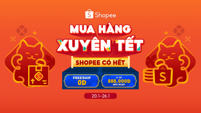 Miễn phí vận chuyển đơn từ 0 đồng, cơ hội nhận lì xì 888.000 đồng mỗi ngày cùng nhiều ưu đãi hấp dẫn, duy nhất tại "Mua Hàng Xuyên Tết - Shopee Có Hết"