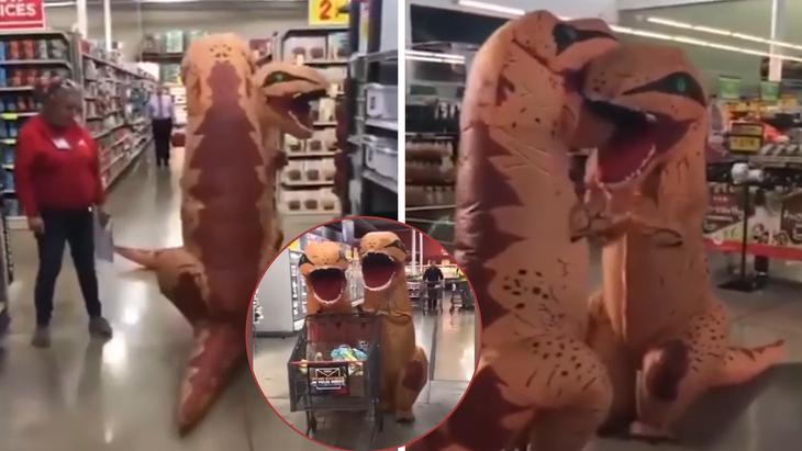 Cặp đôi mascot khủng long dắt nhau đi siêu thị