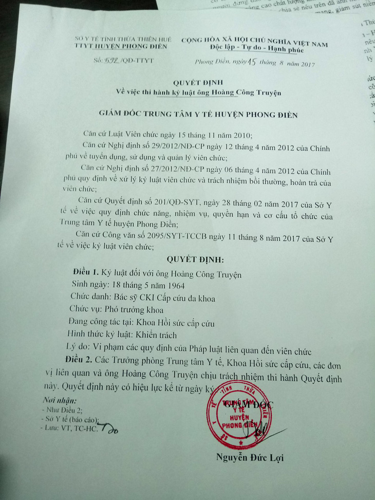 Sở Y tế tỉnh Thừa Thiên - Huế xin lỗi bác sĩ Truyện - Ảnh 1.