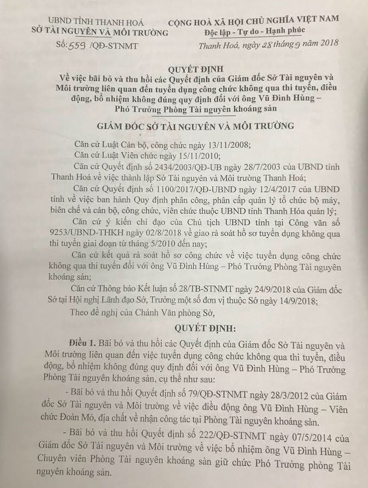 Hủy bỏ nhiều quyết định tuyển dụng, bổ nhiệm sai tại Thanh Hóa - Ảnh 1.