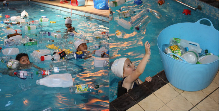 Trường cho học sinh bơi trong bể ô nhiễm để dạy về rác nhựa - Ảnh 2.