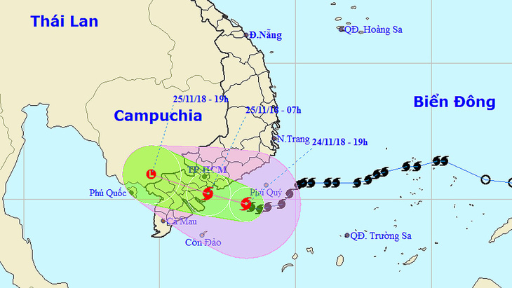 7h sáng mai 25-11 bão đổ bộ bờ biển Bình Thuận đến Bến Tre - Ảnh 1.
