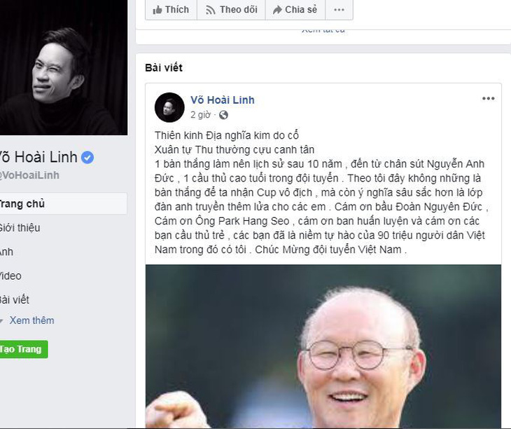 Facebook các nghệ sĩ nổi tiếng rộn ràng với Việt Nam vô địch - Ảnh 1.