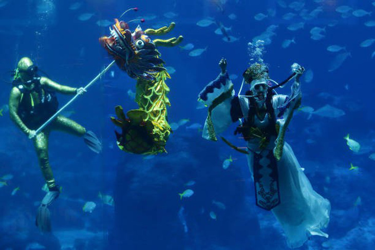 Múa rồng đón Tết với ‘Nữ thần biển’ ở Singapore - Ảnh 1.