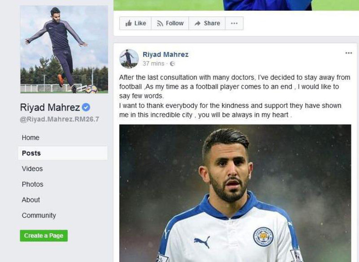 Tiền vệ Mahrez dùng Facebook thông báo giải nghệ? - Ảnh 1.