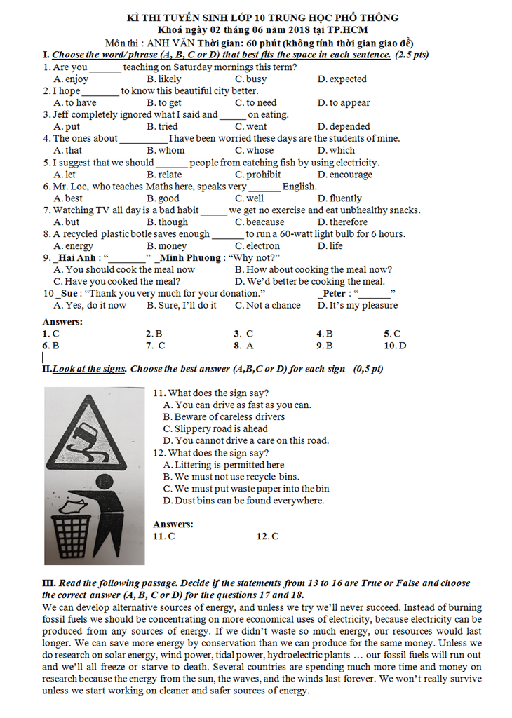 Bài giải đề tiếng Anh thi lớp 10 TP.HCM - Ảnh 1.