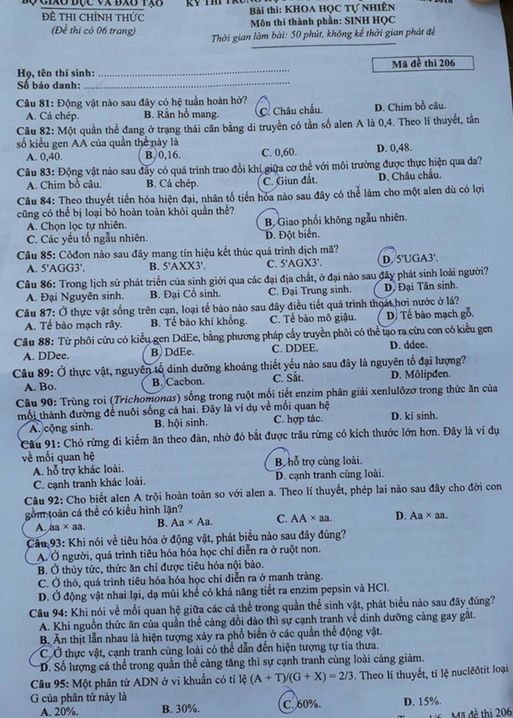 Bài giải môn sinh THPT quốc gia 2018 - Ảnh 6.