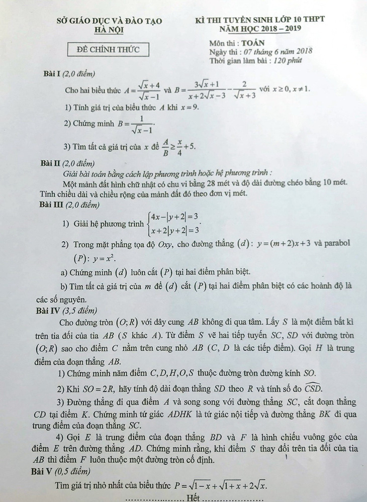 Bài giải môn toán tuyển sinh lớp 10 Hà Nội - Ảnh 1.