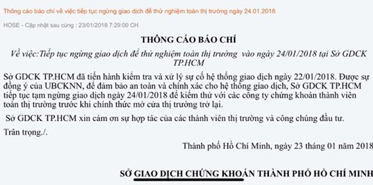 HoSE tiếp tục ngưng giao dịch phiên ngày mai, 24-1 - Ảnh 1.