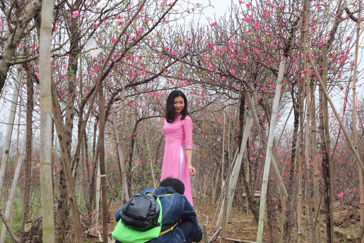 Thiếu nữ diện áo dài khoe sắc bên hoa đào đón tết Hà Nội - Ảnh 4.