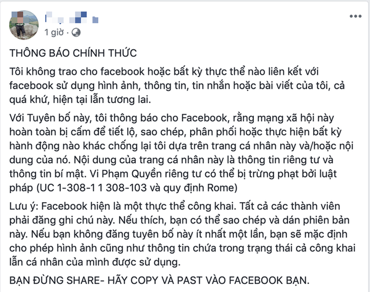 Lại rộ chuyện đăng ‘tuyên bố Facebook’ để bảo mật thông tin cá nhân - Ảnh 1.