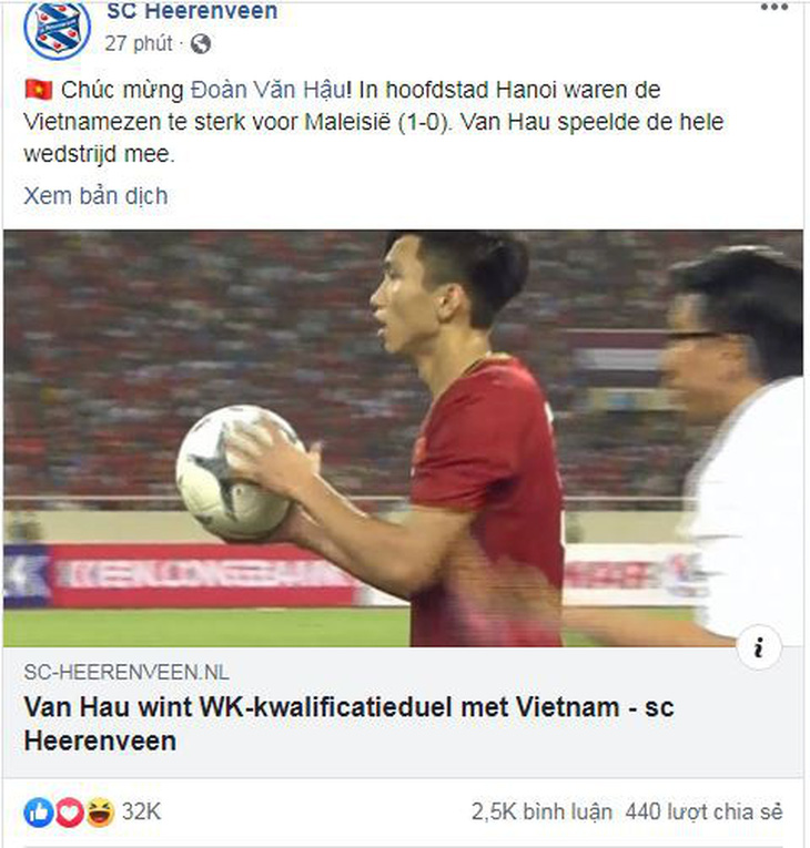 CLB Heerenveen chúc mừng Đoàn Văn Hậu và tuyển Việt Nam - Ảnh 1.