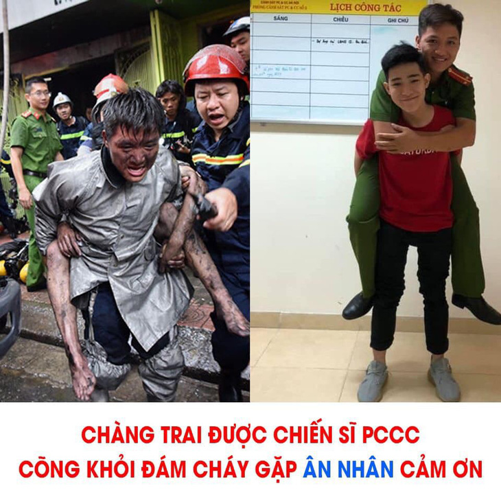 Chàng trai được cứu trong đám cháy cõng cảm ơn chiến sĩ từng... cõng mình - Ảnh 2.