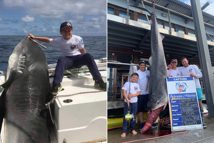 Cậu bé 8 tuổi 40kg câu được cá mập hổ 314kg - Ảnh 1.