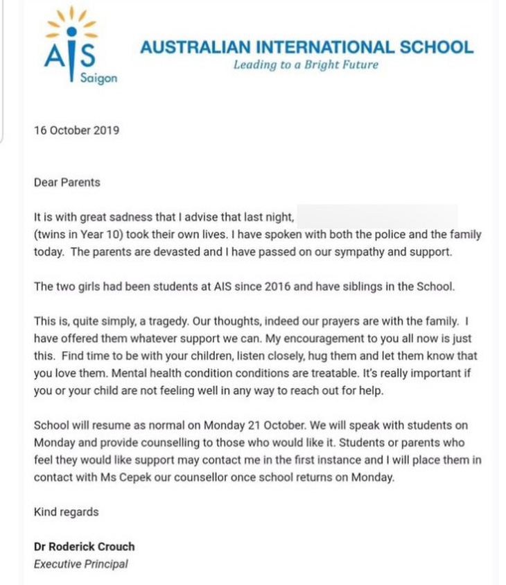 Trường quốc tế tại TP.HCM gửi thư về việc học sinh tự tử - Ảnh 1.