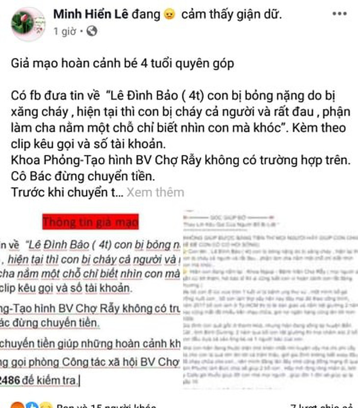 BV Chợ Rẫy: Không có bệnh nhi Lê Đình Bảo, đừng chuyển tiền cho trang Facebook lừa đảo - Ảnh 1.