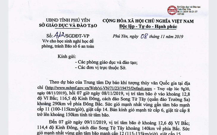 Phú Yên cho học sinh nghỉ ngày 11-11, cấm biển từ ngày 9 để tránh bão số 6