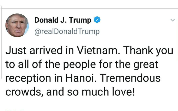 Tổng thống Trump viết tweet: Cảm ơn Việt Nam, 